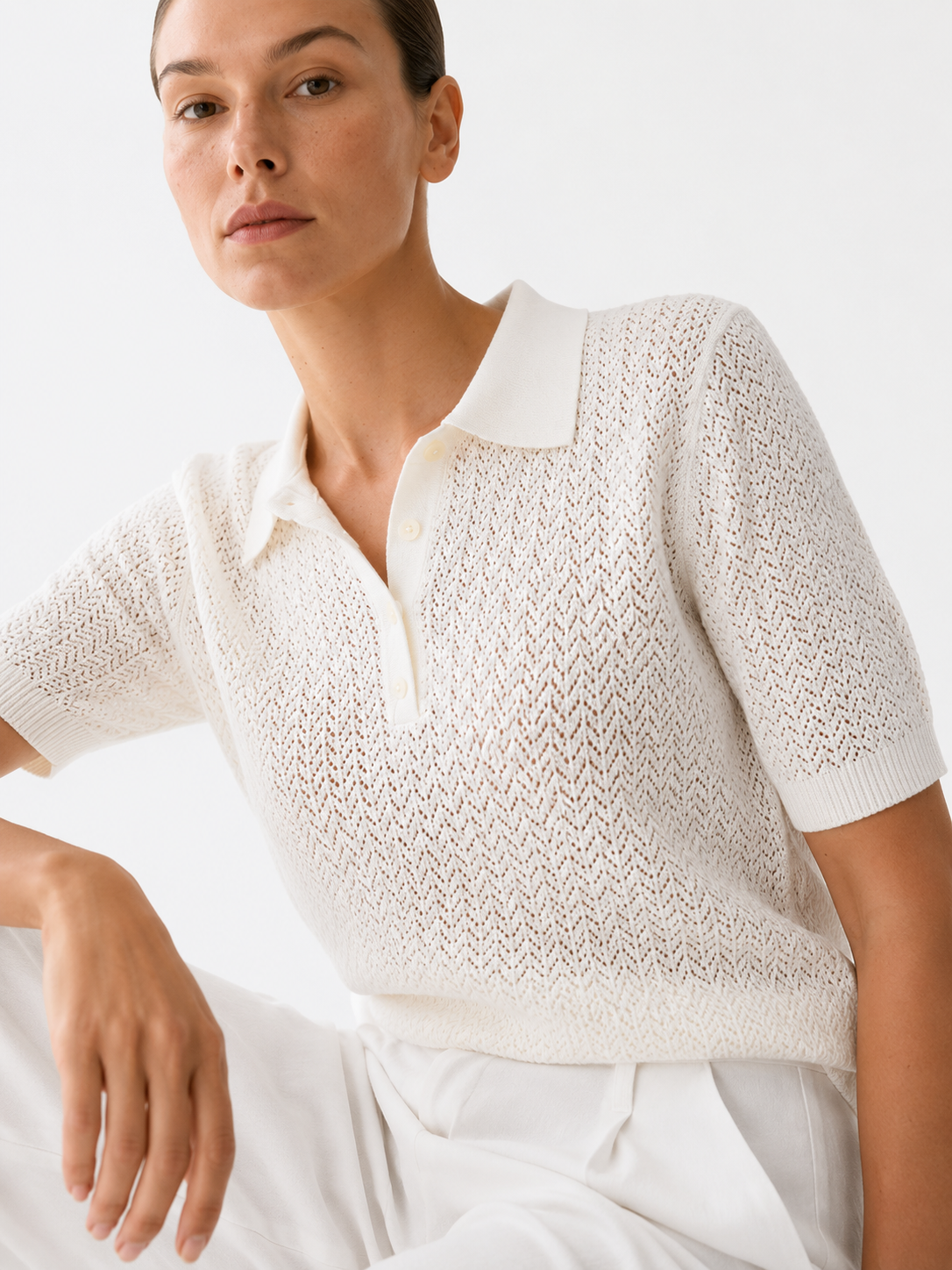 Pointelle Knit Short Sleeve Polo Shirt