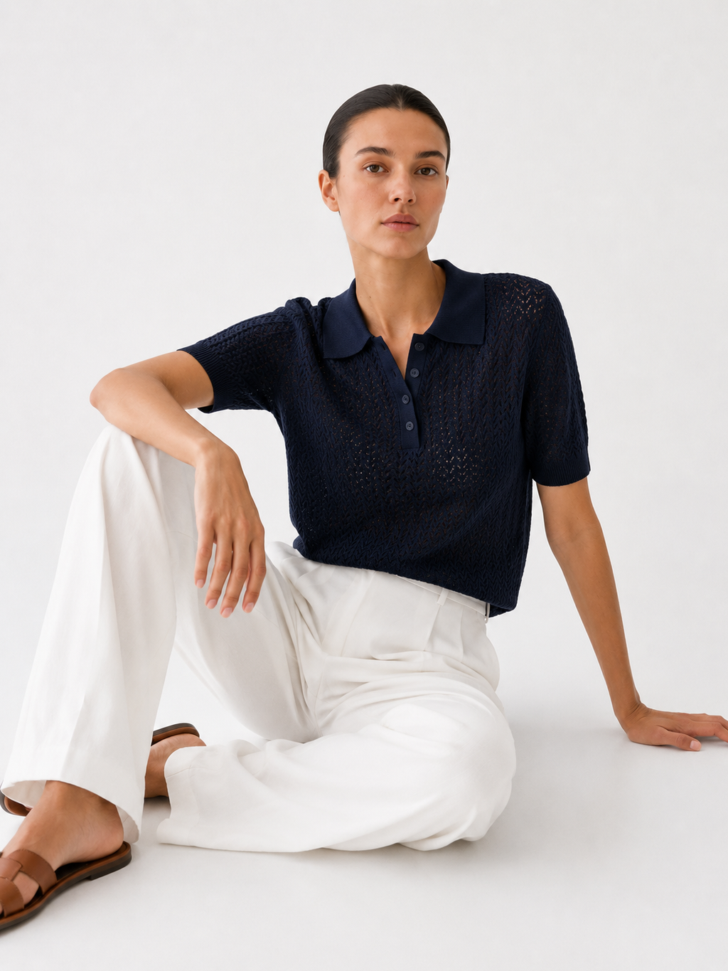 Pointelle Knit Short Sleeve Polo Shirt