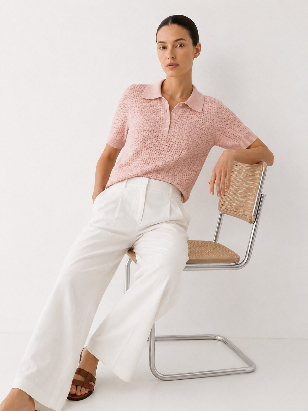 Pointelle Knit Short Sleeve Polo Shirt