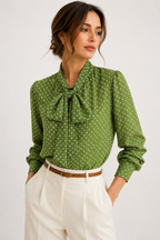 Polka Dot Tie-Neck Blouse