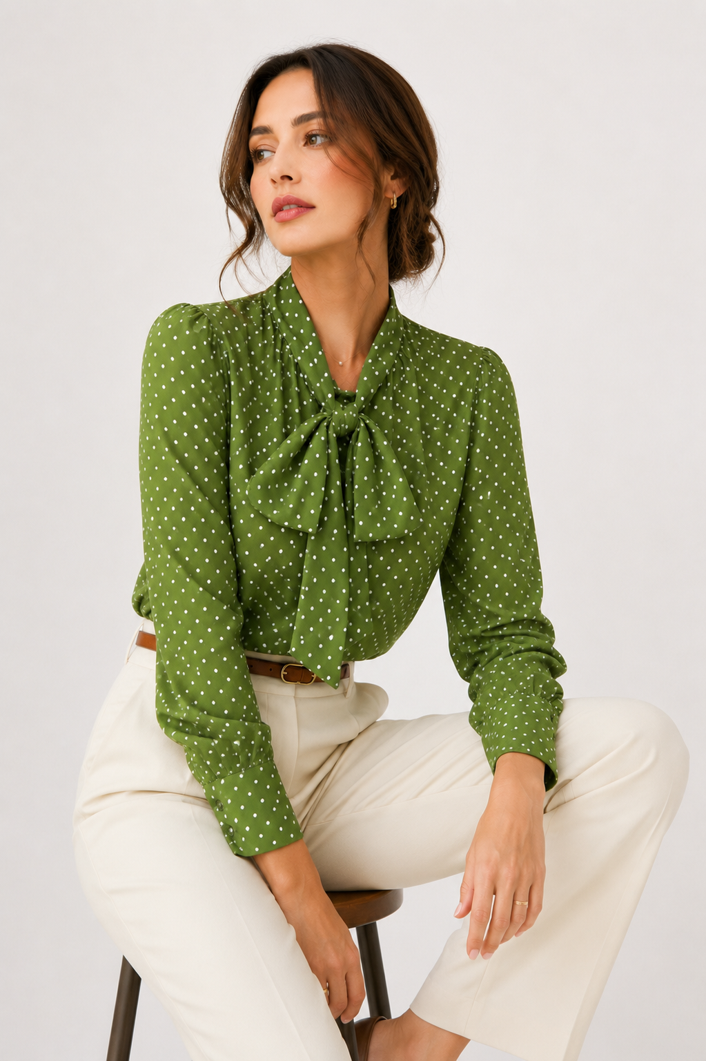 Polka Dot Tie-Neck Blouse