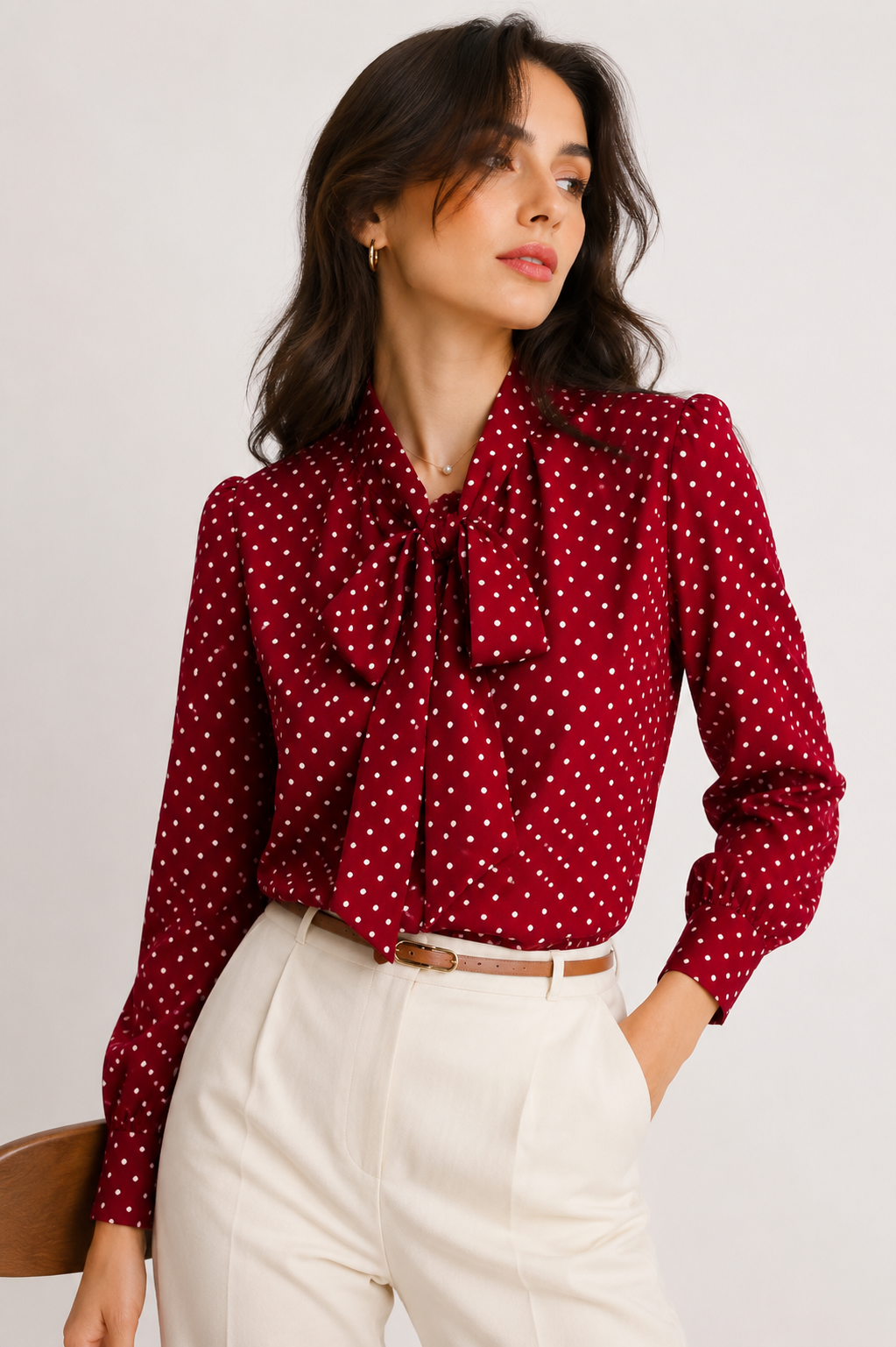 Polka Dot Tie-Neck Blouse
