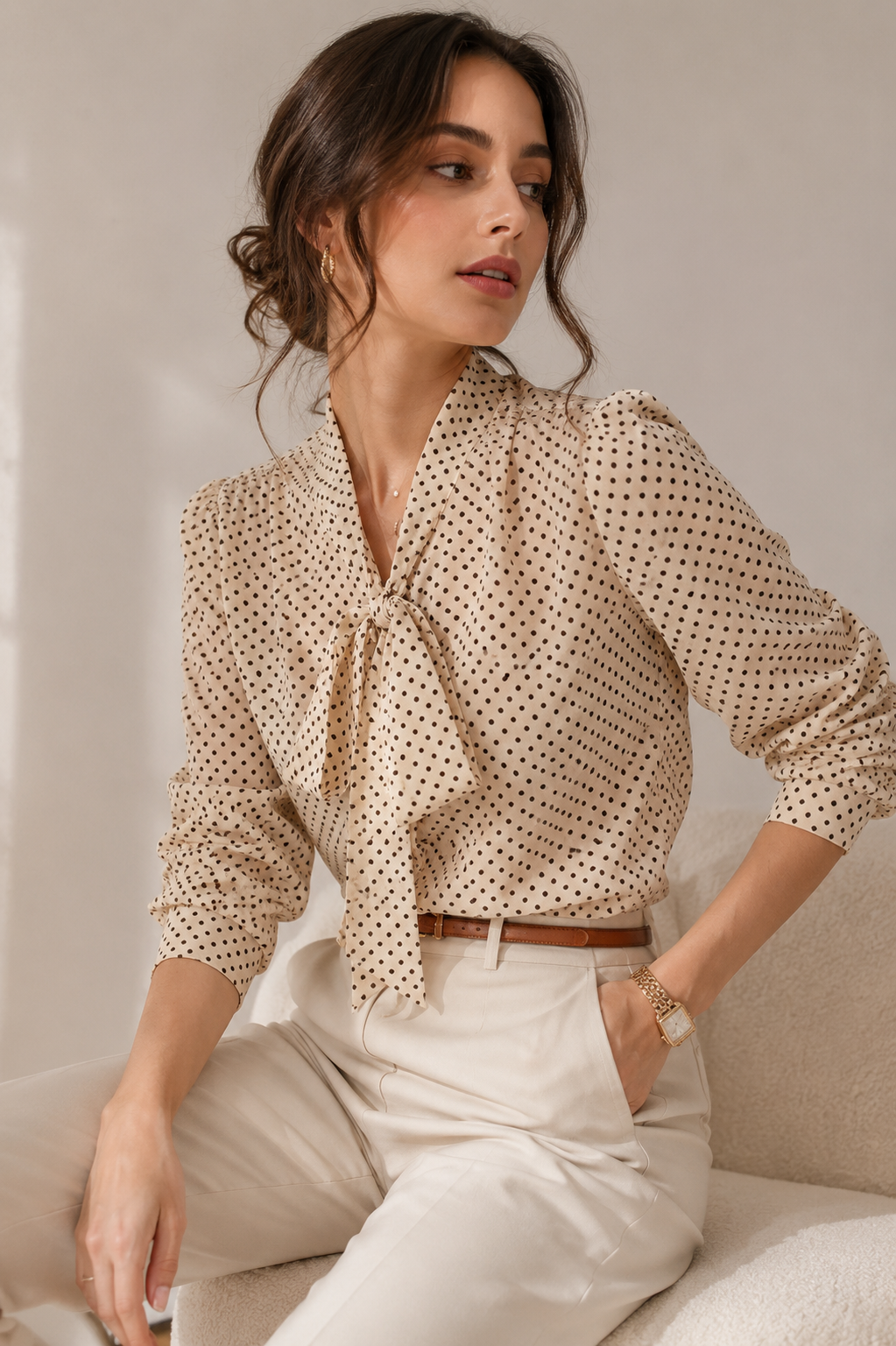 Polka Dot Tie-Neck Blouse