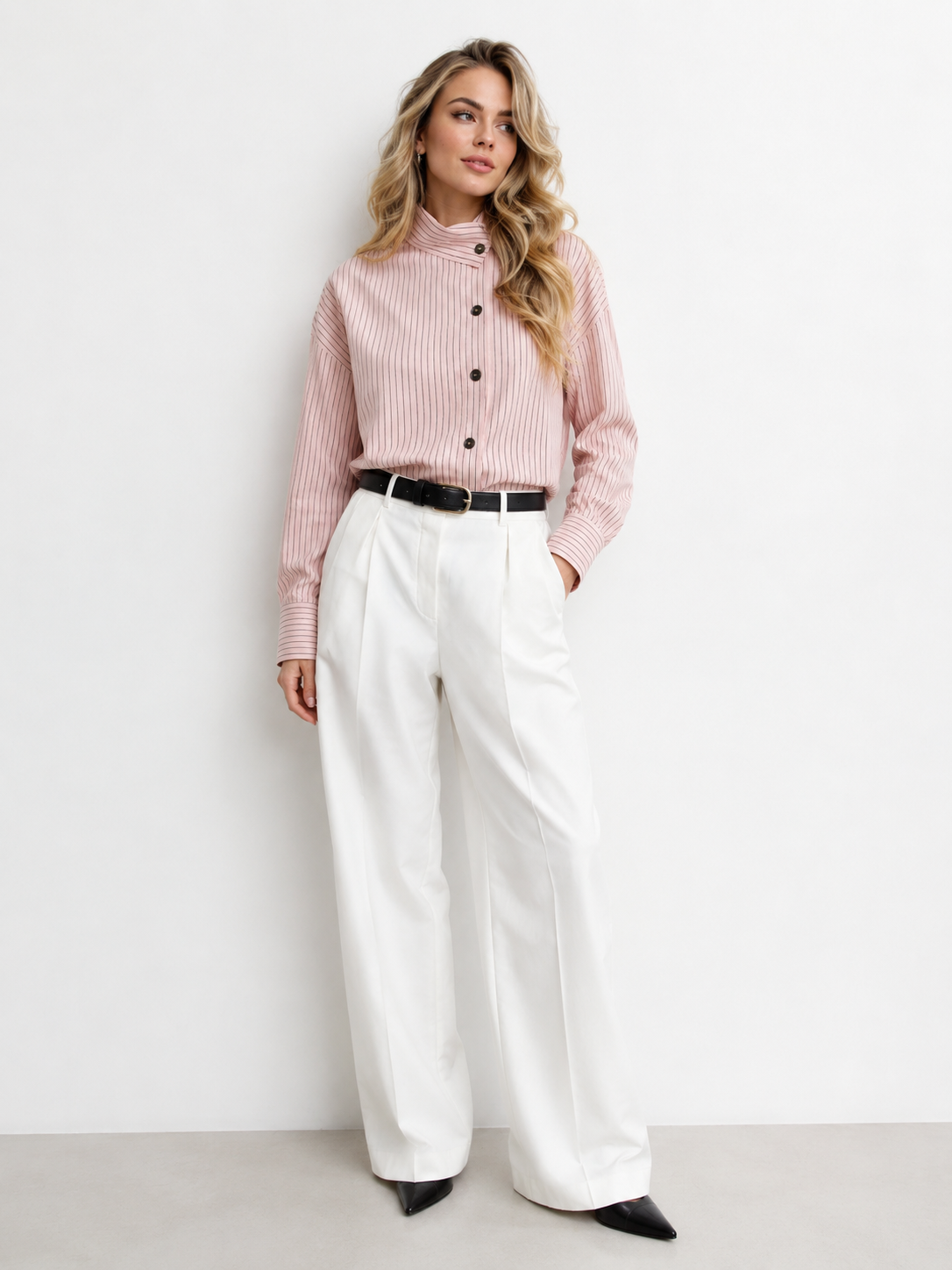Pinstriped Asymmetric Button Blouse
