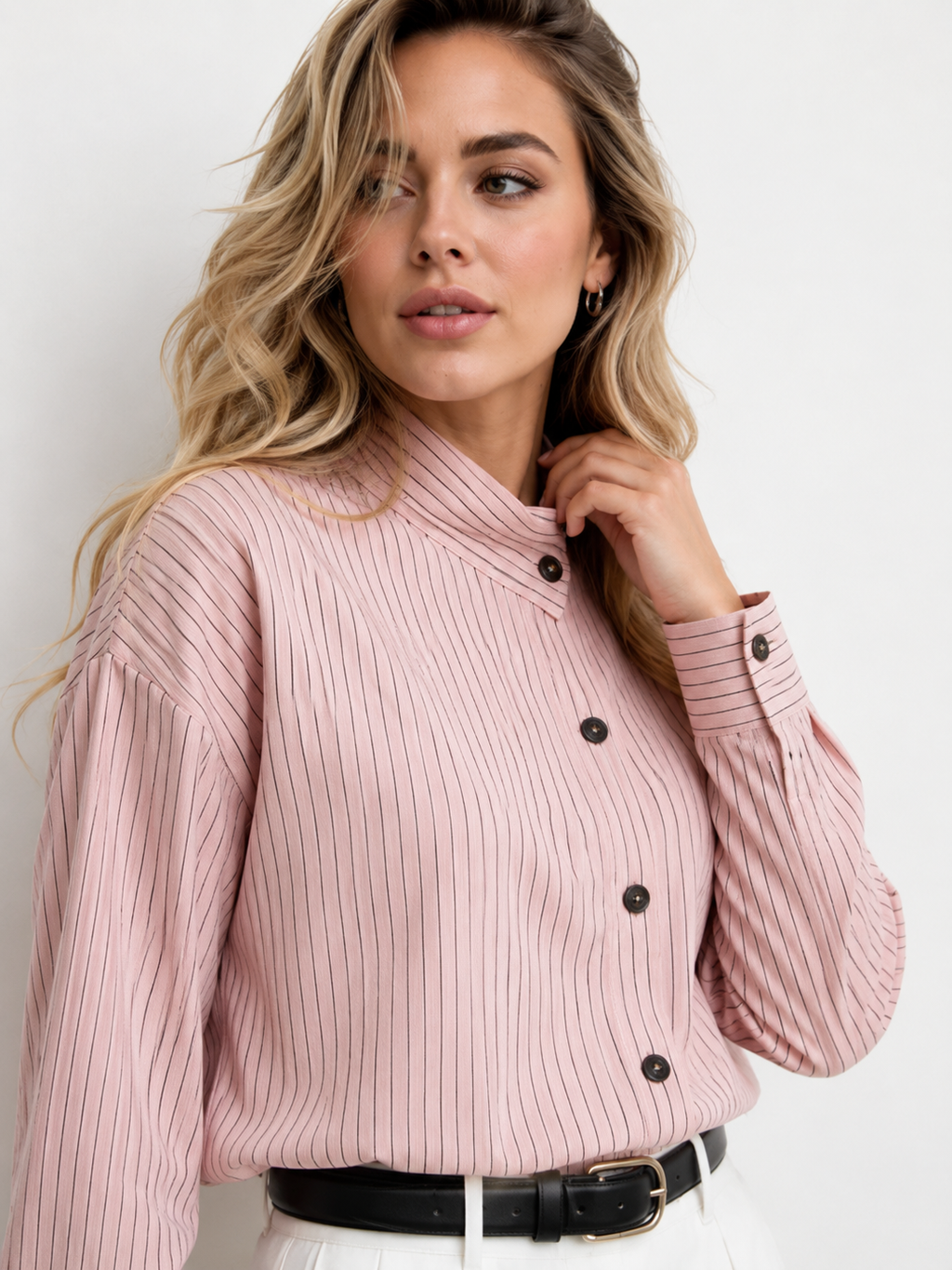 Pinstriped Asymmetric Button Blouse