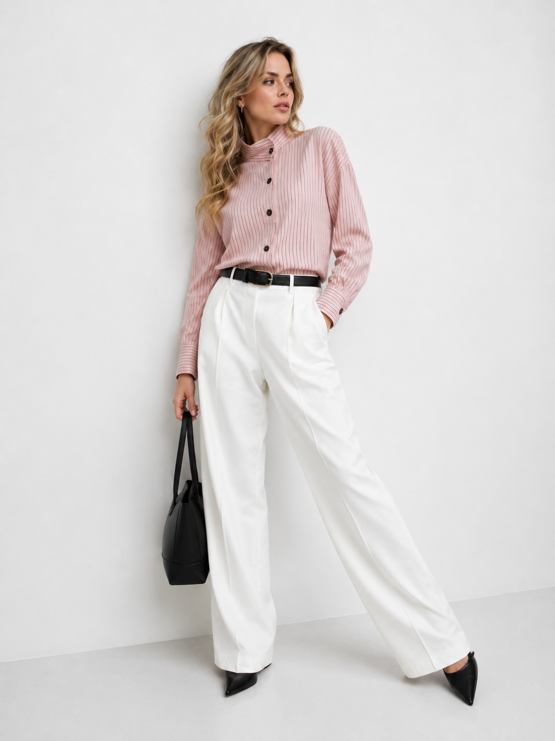 Pinstriped Asymmetric Button Blouse