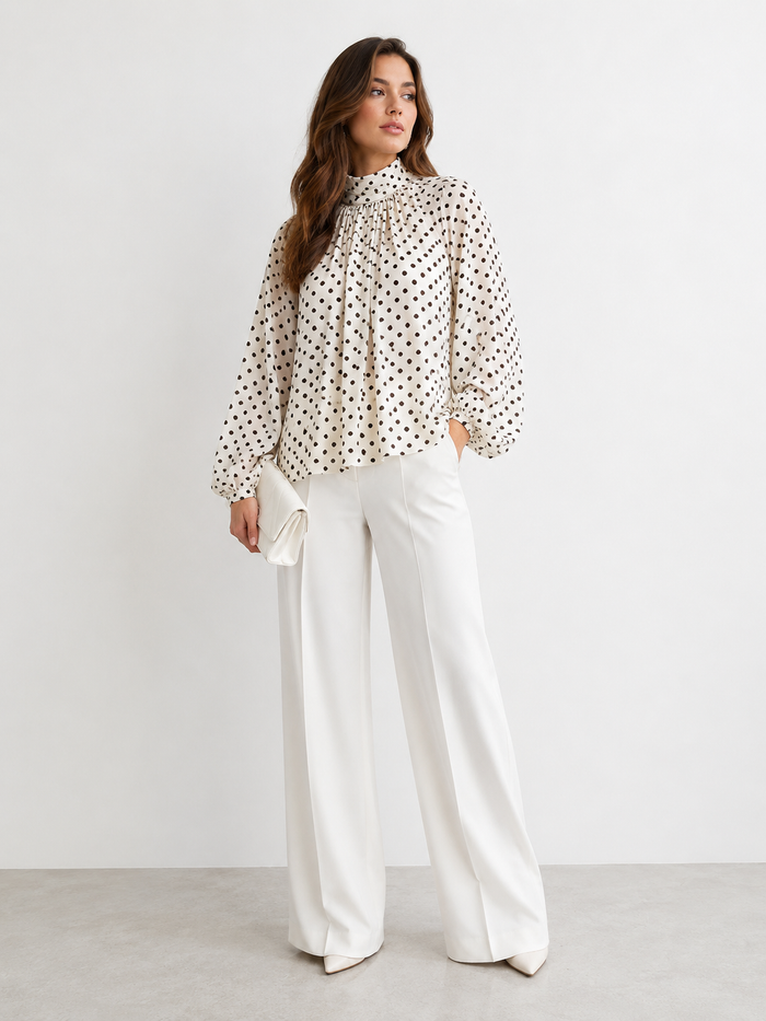 High-Neck Polka Dot Blouse