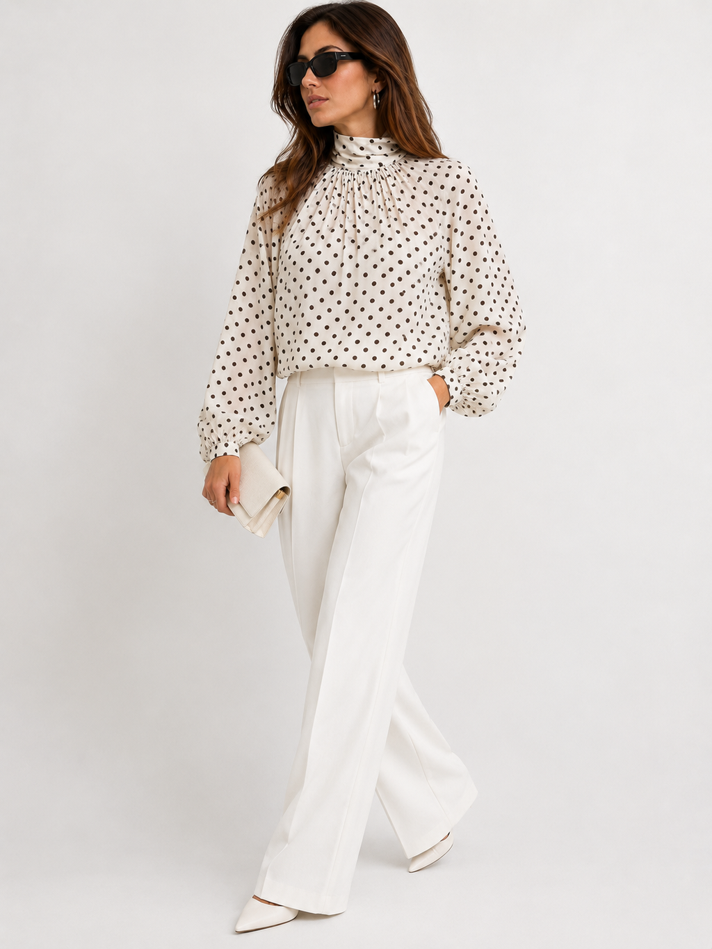 High-Neck Polka Dot Blouse