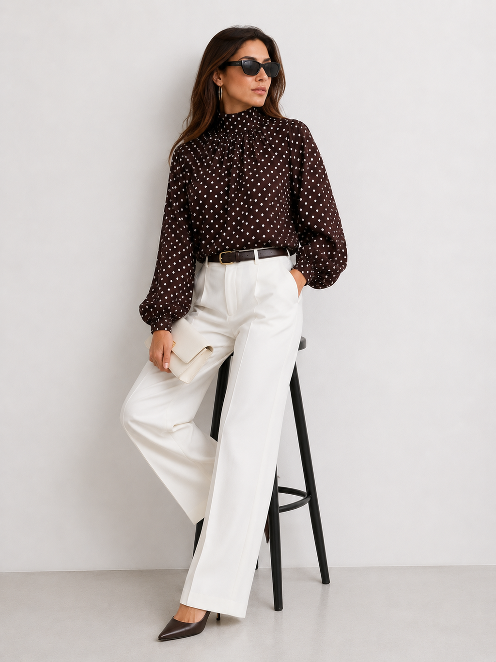 High-Neck Polka Dot Blouse