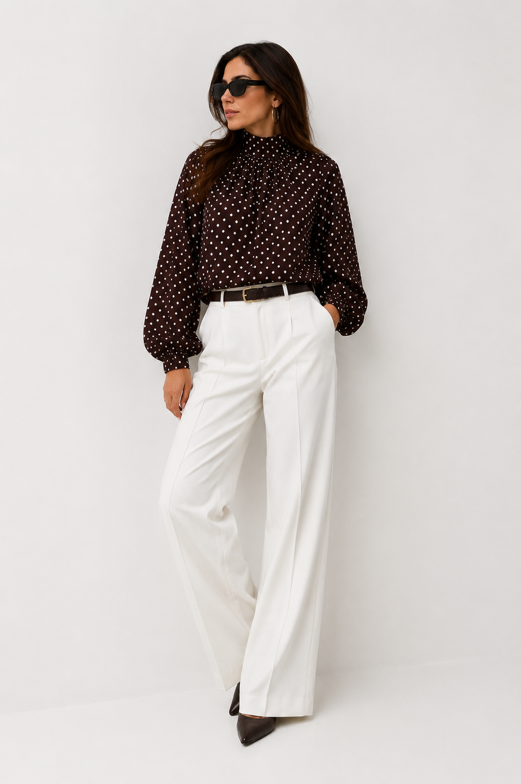 High-Neck Polka Dot Blouse