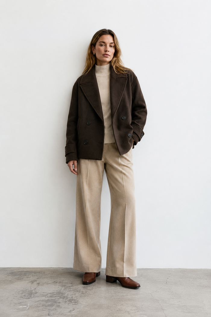 Double-Breasted Short Wool Blend Coat with Cuff Tabs
