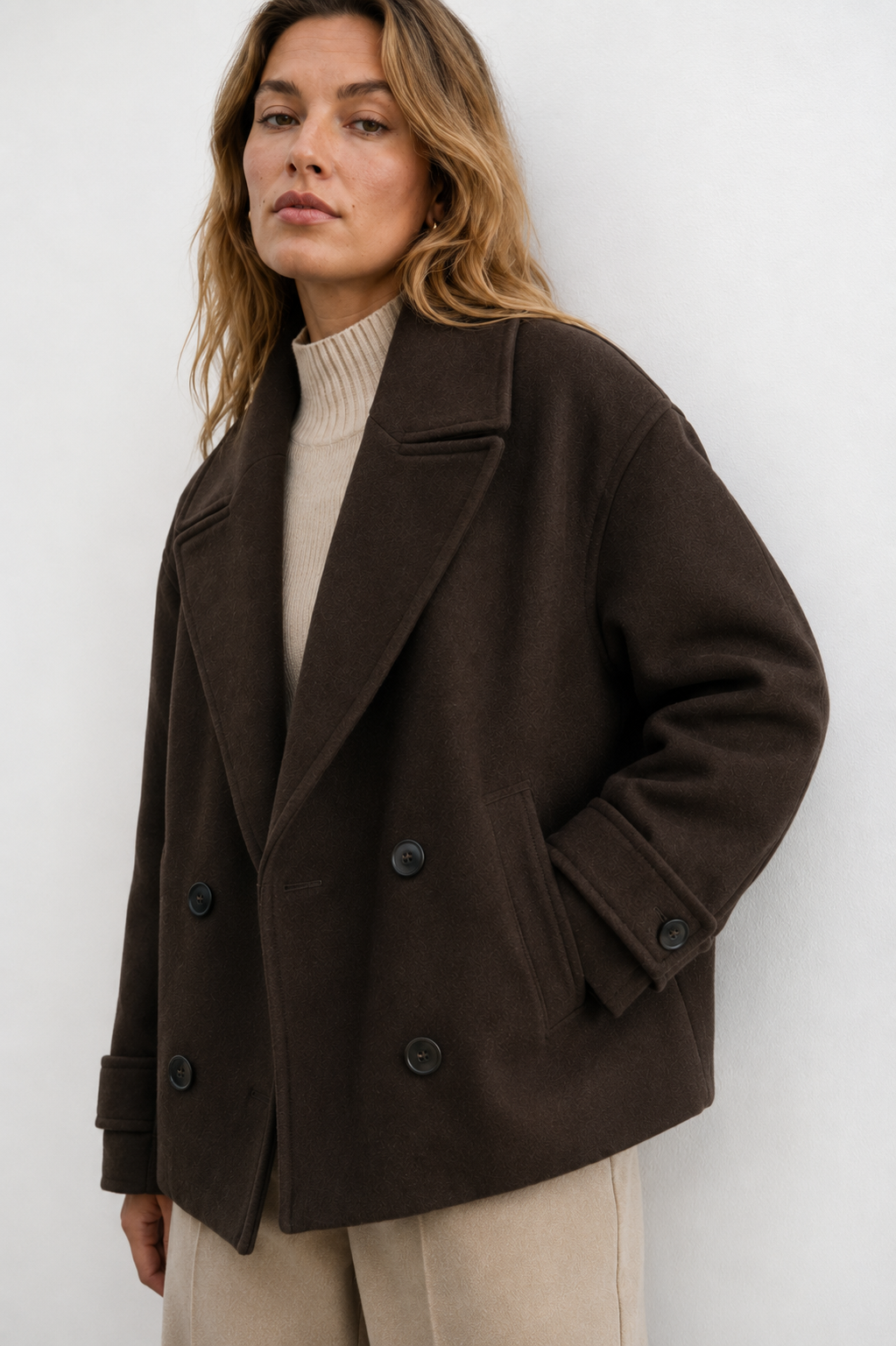 Double-Breasted Short Wool Blend Coat with Cuff Tabs