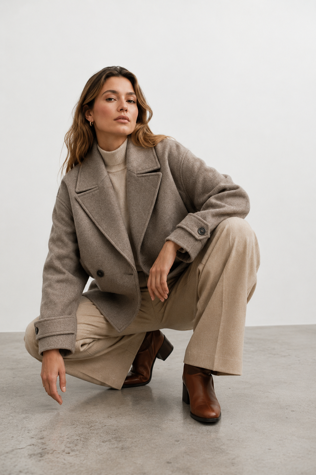 Double-Breasted Short Wool Blend Coat with Cuff Tabs