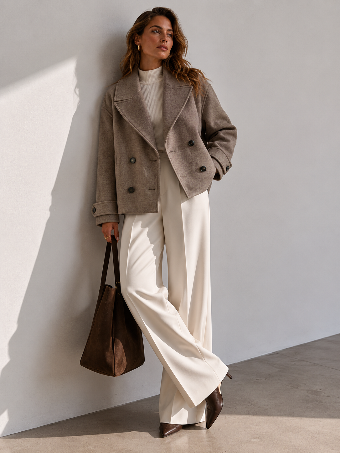 Double-Breasted Short Wool Blend Coat with Cuff Tabs