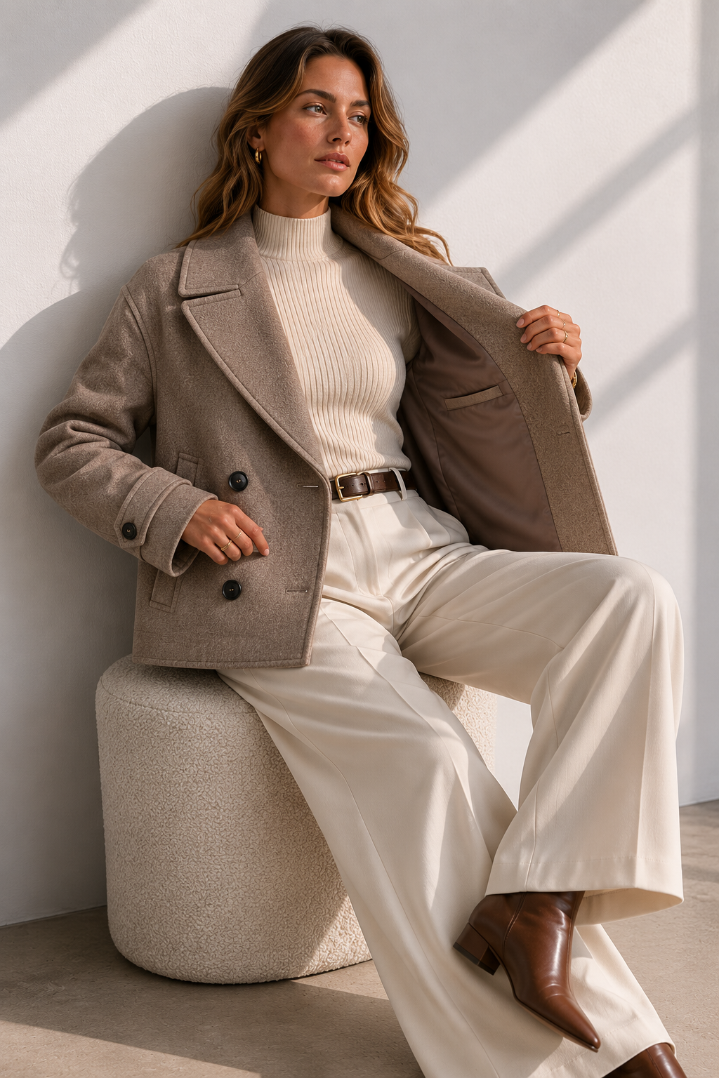 Double-Breasted Short Wool Blend Coat with Cuff Tabs