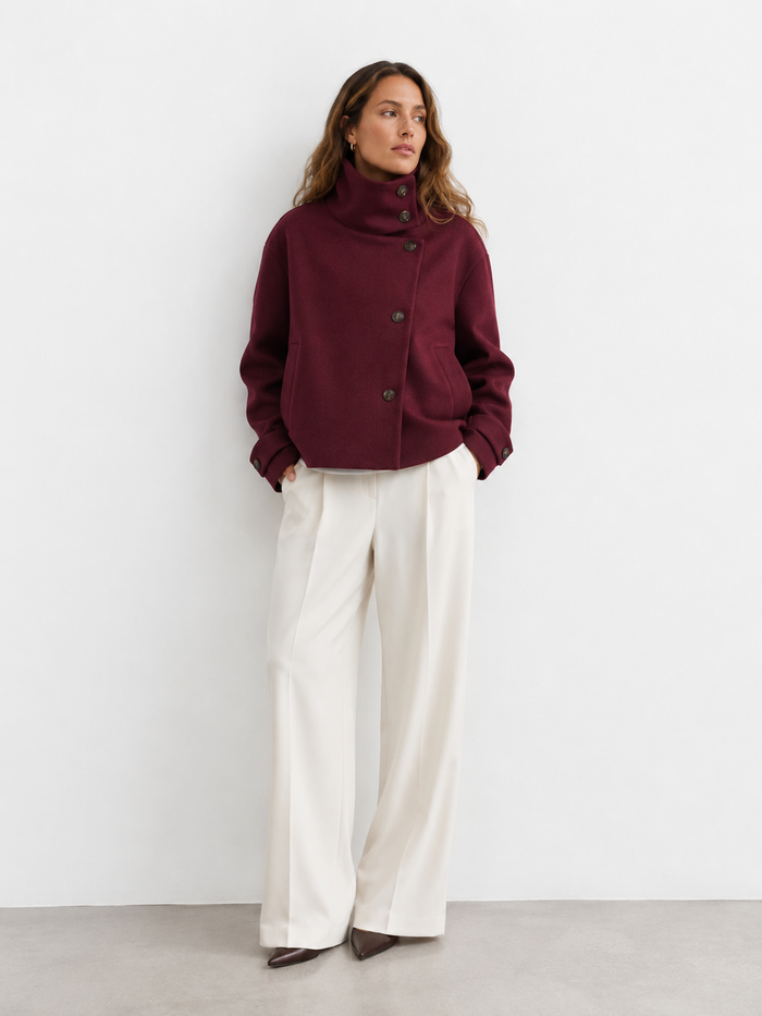 Asymmetric High-Neck Wool Blend Jacket