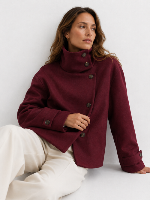 Asymmetric High-Neck Wool Blend Jacket