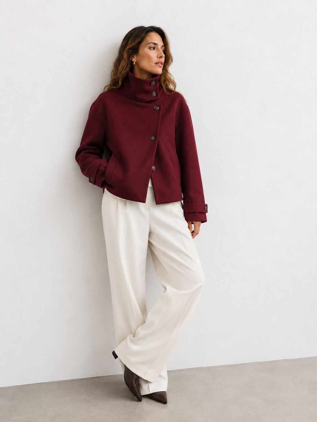 Asymmetric High-Neck Wool Blend Jacket