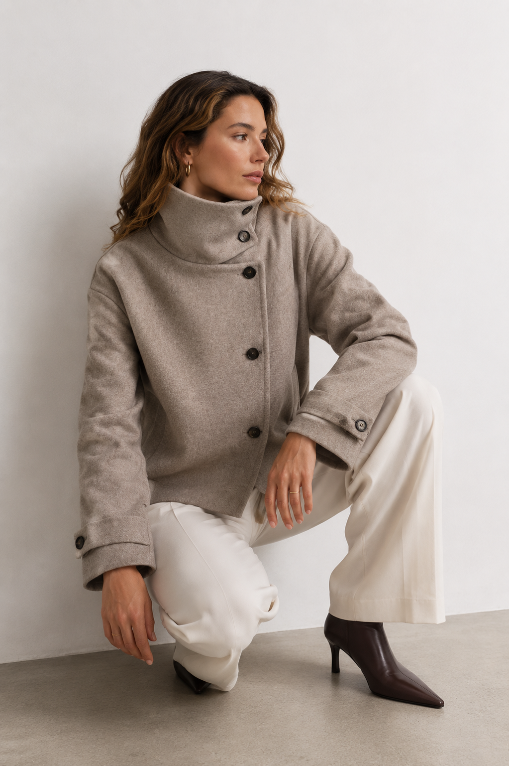 Asymmetric High-Neck Wool Blend Jacket