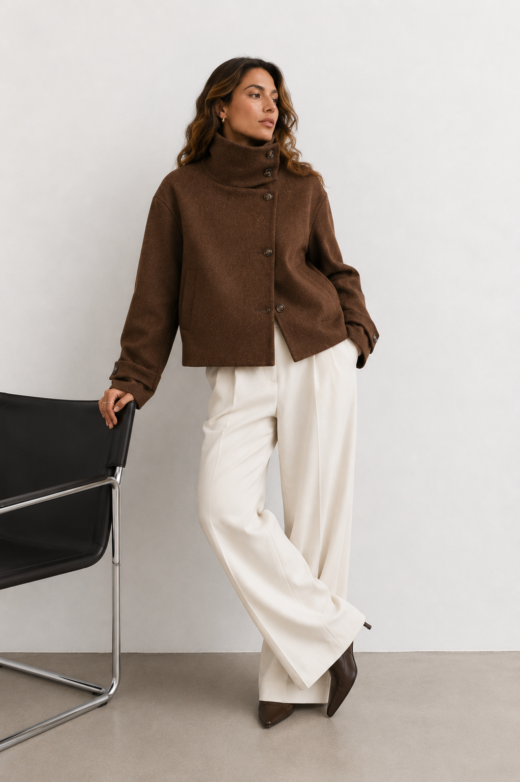 Asymmetric High-Neck Wool Blend Jacket