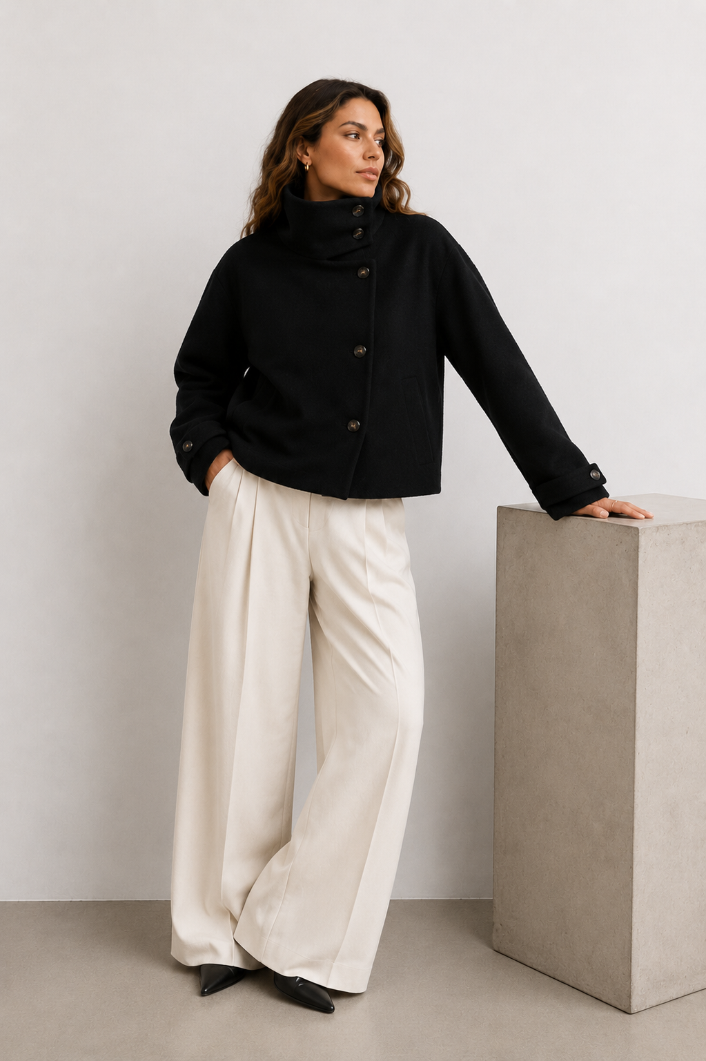 Asymmetric High-Neck Wool Blend Jacket