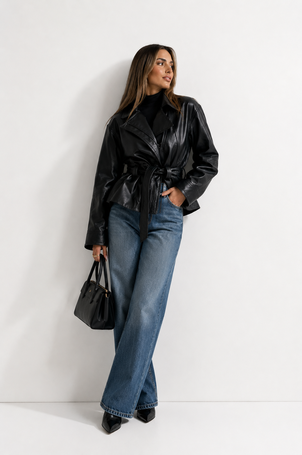 Belted Faux-Leather Peplum Jacket