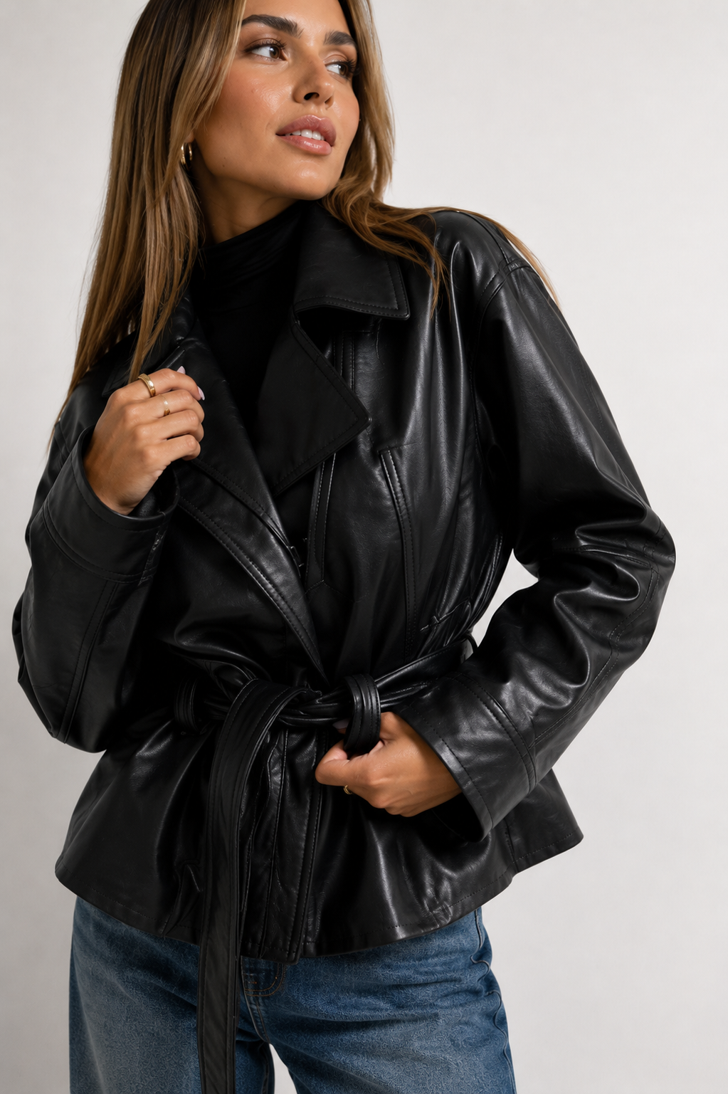 Belted Faux-Leather Peplum Jacket
