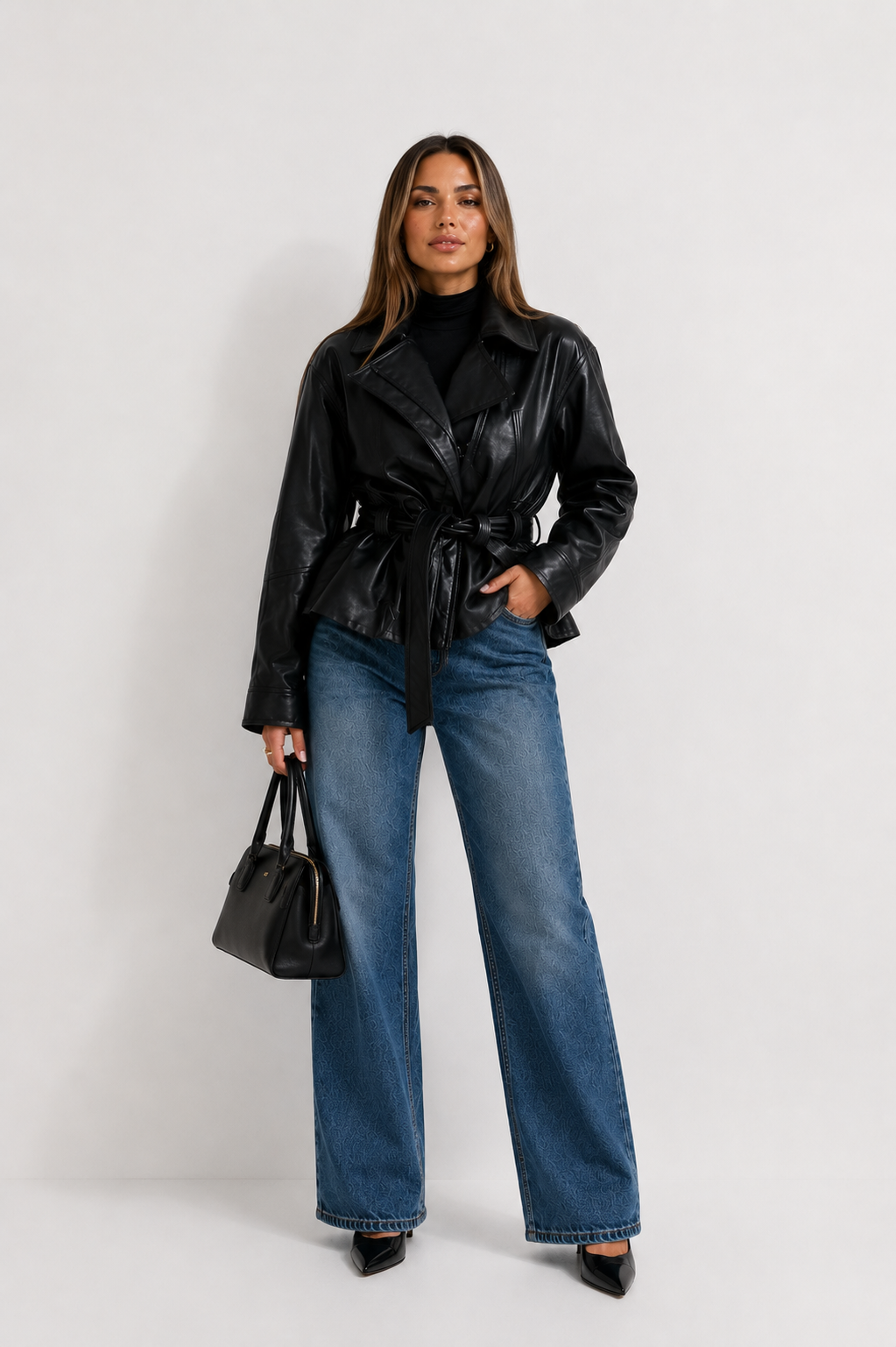 Belted Faux-Leather Peplum Jacket