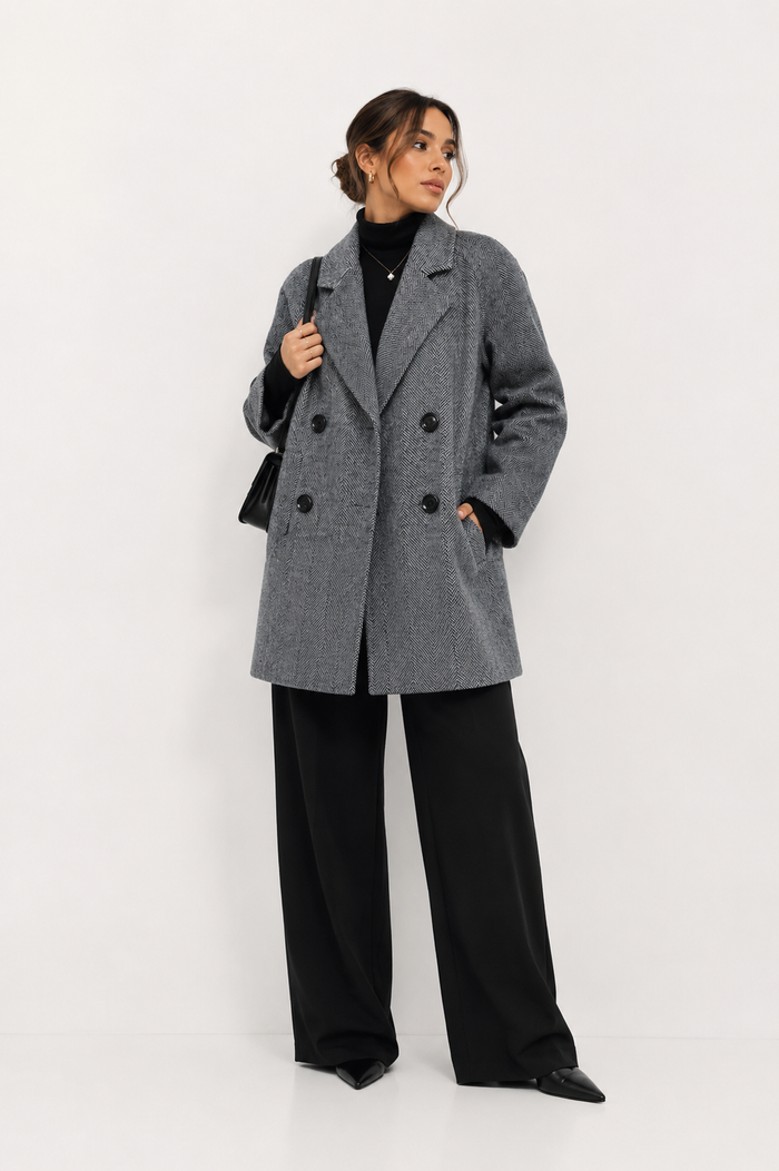Herringbone Wool-Blend Double-Breasted Peacoat