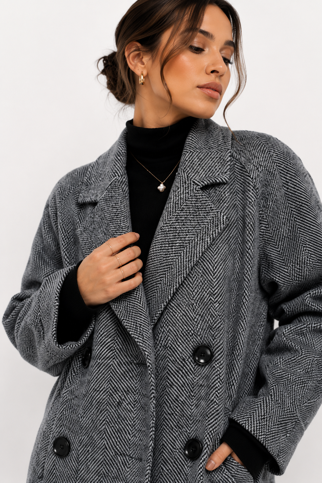 Herringbone Wool-Blend Double-Breasted Peacoat
