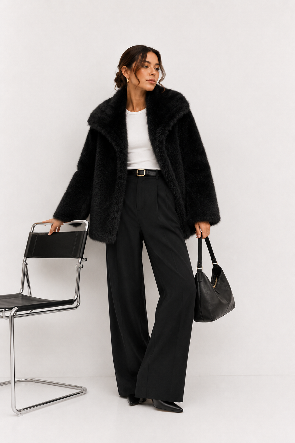 Faux-Fur Cropped Jacket with Oversized Lapels