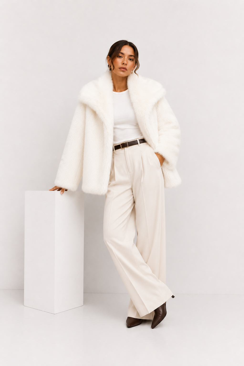 Faux-Fur Cropped Jacket with Oversized Lapels
