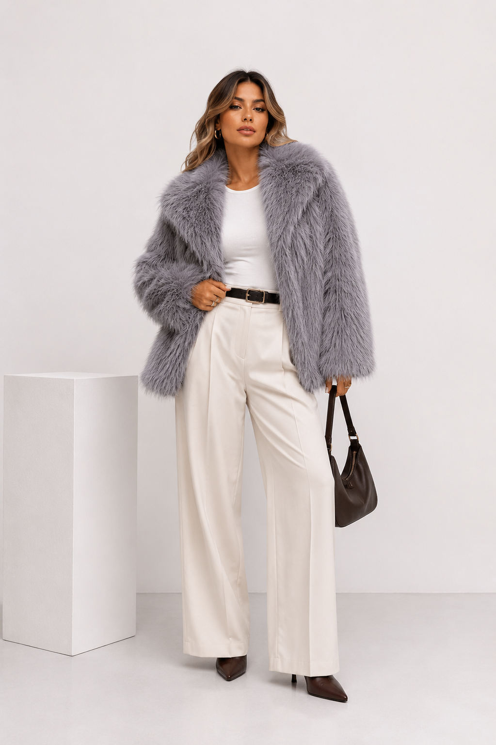 Faux-Fur Cropped Jacket with Oversized Lapels