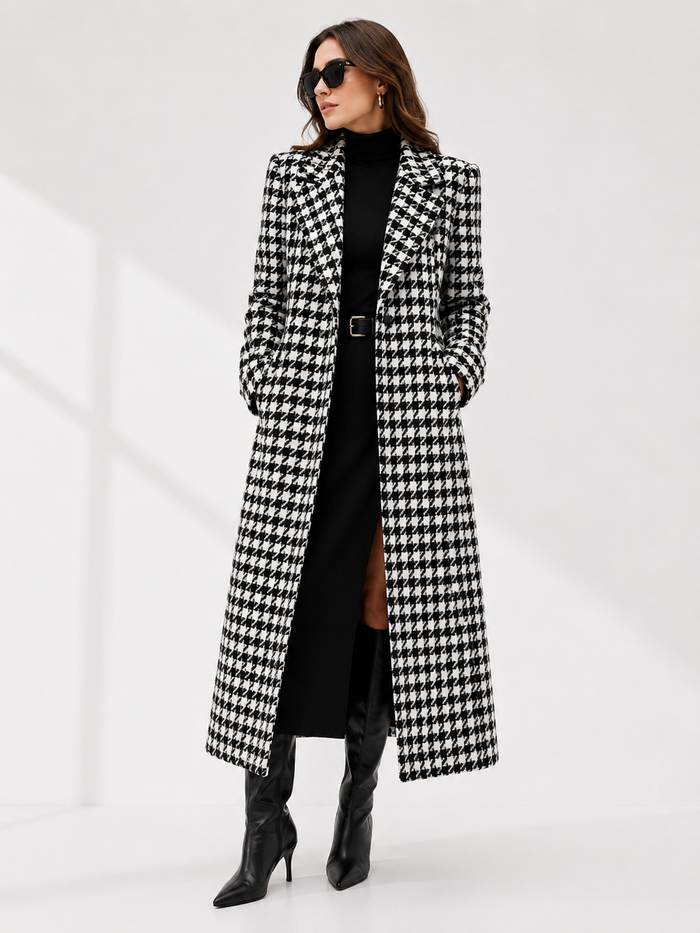 Double-Breasted Houndstooth Maxi Coat