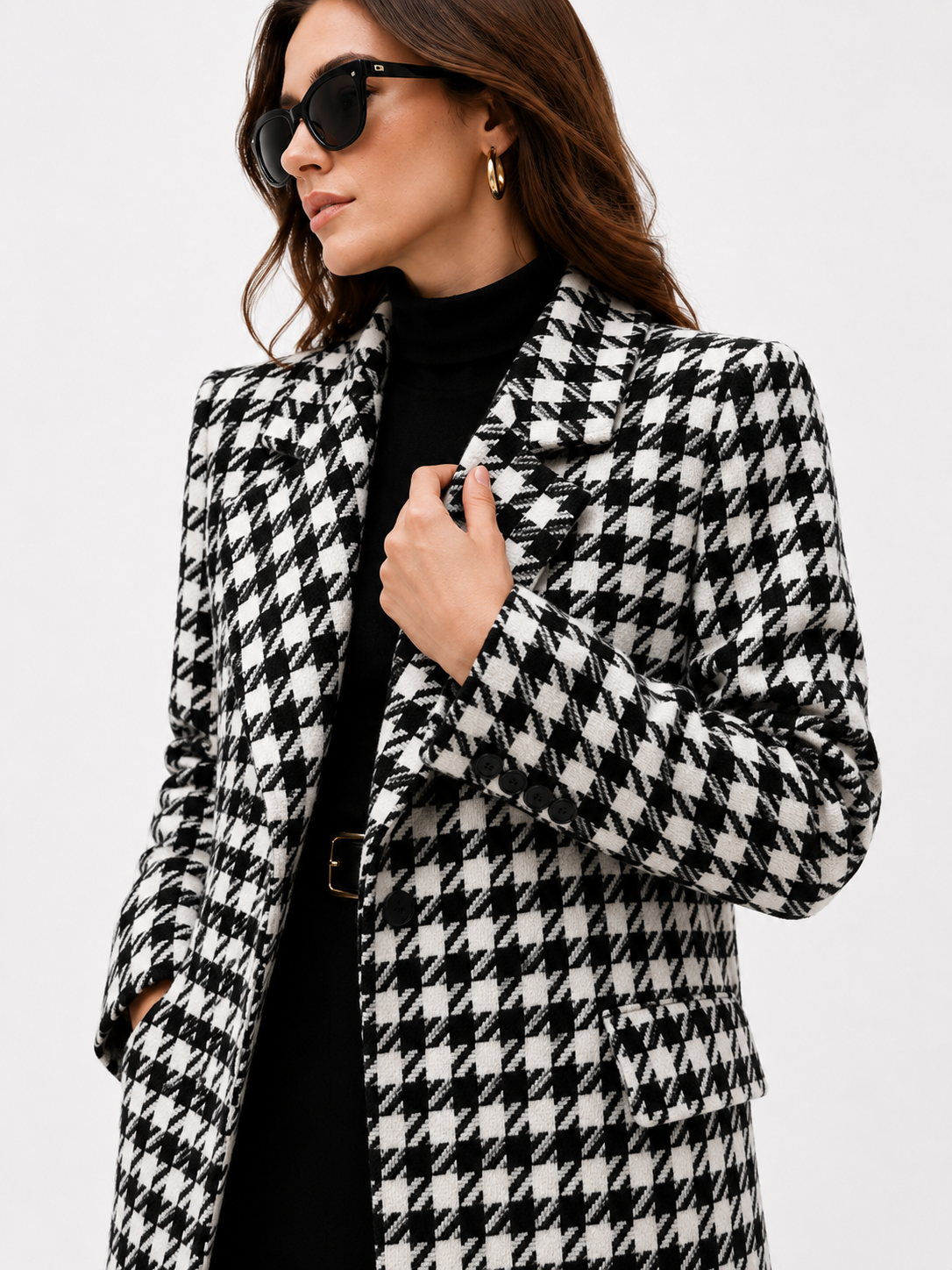 Double-Breasted Houndstooth Maxi Coat