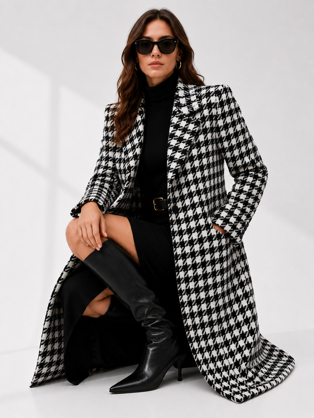 Double-Breasted Houndstooth Maxi Coat