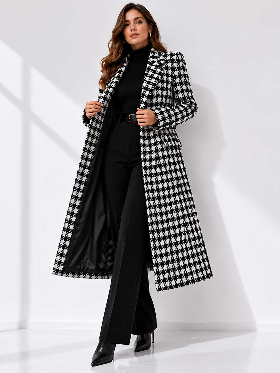 Double-Breasted Houndstooth Maxi Coat