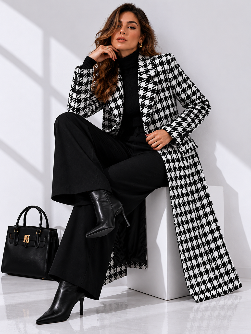 Double-Breasted Houndstooth Maxi Coat