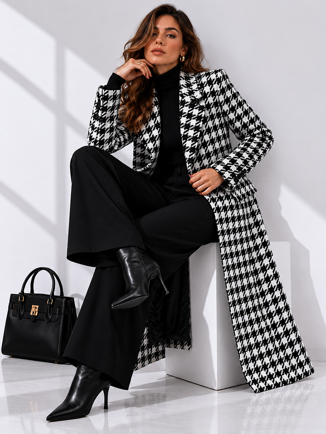 Double-Breasted Houndstooth Maxi Coat