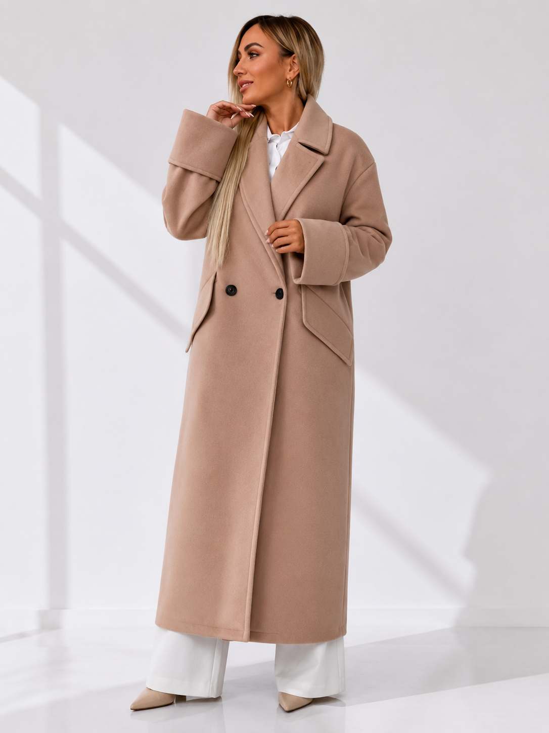 Maxi-Length Oversized Double-Breasted Wool Coat