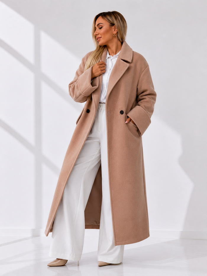 Maxi-Length Oversized Double-Breasted Wool Coat