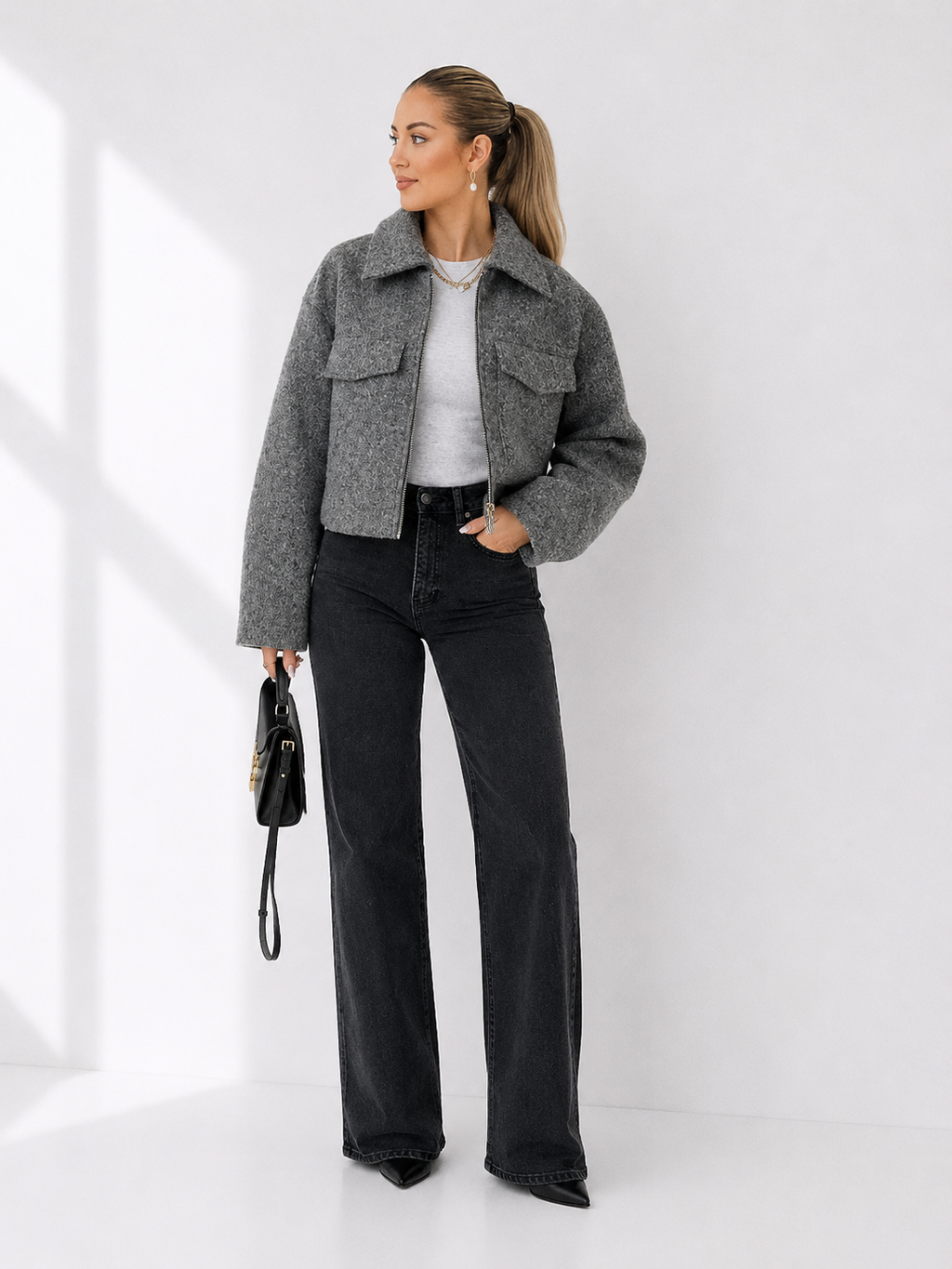 Cropped Textured Wool-Blend Bomber Jacket