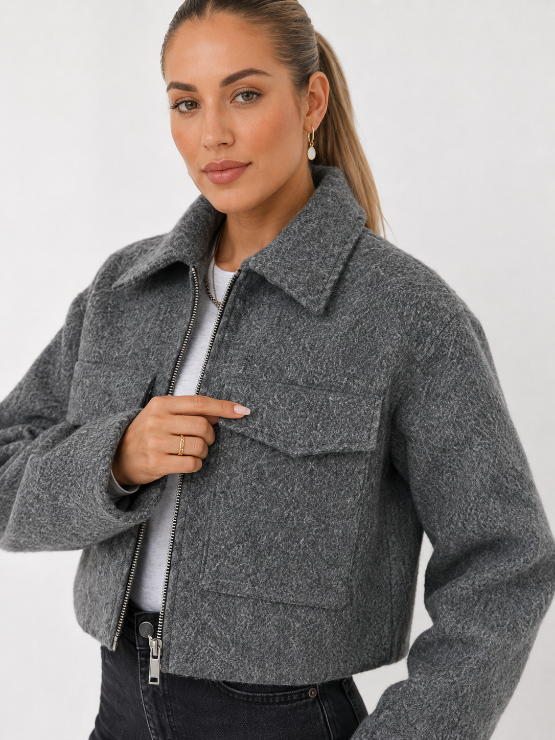 Cropped Textured Wool-Blend Bomber Jacket