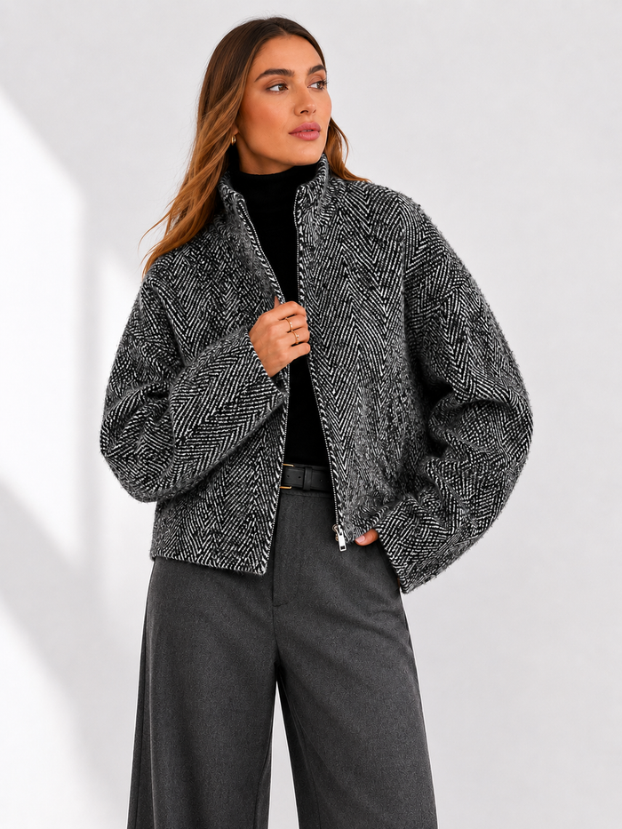 Herringbone Textured Bomber Jacket with High Neck