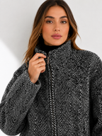 Herringbone Textured Bomber Jacket with High Neck