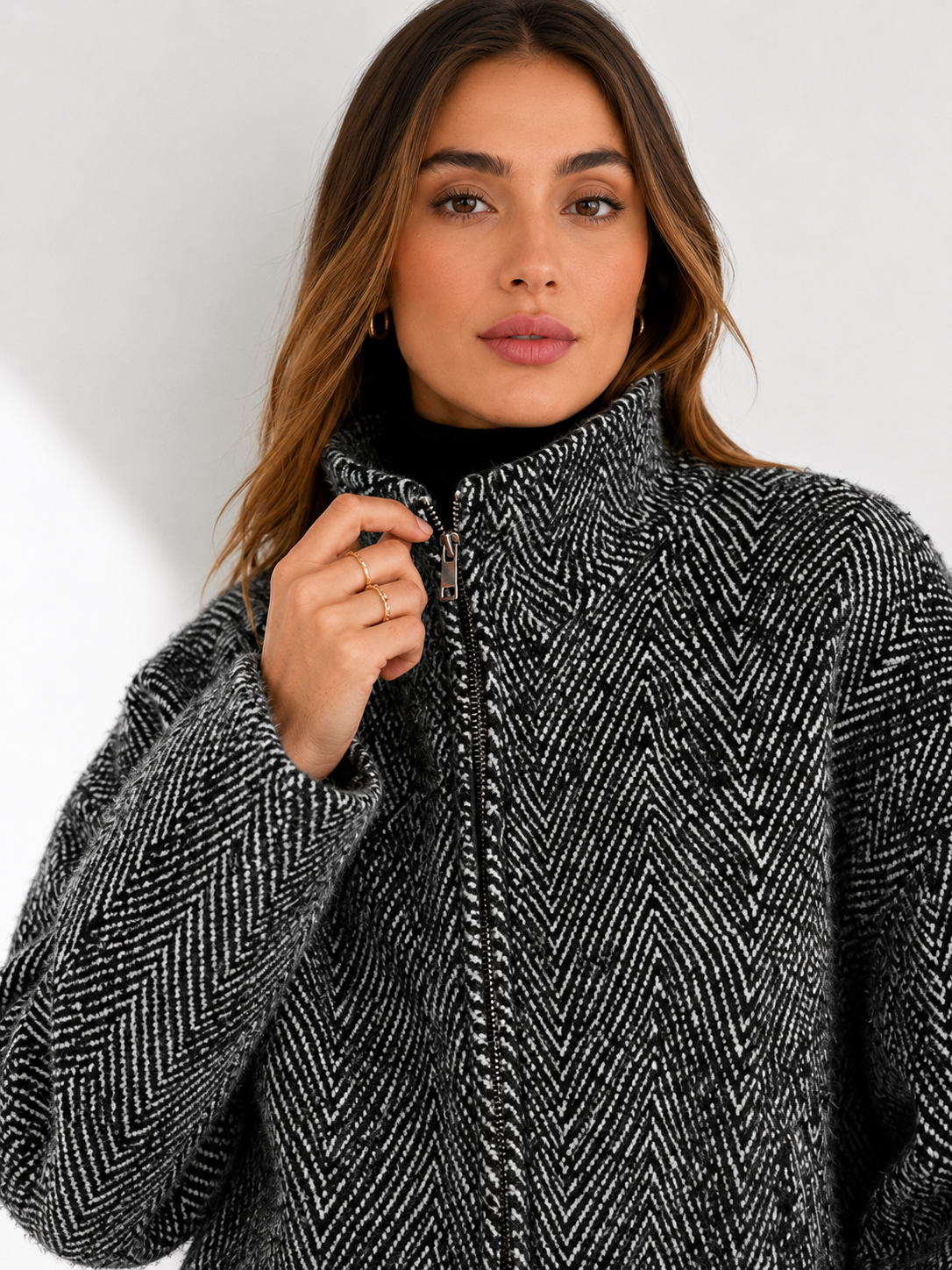 Herringbone Textured Bomber Jacket with High Neck
