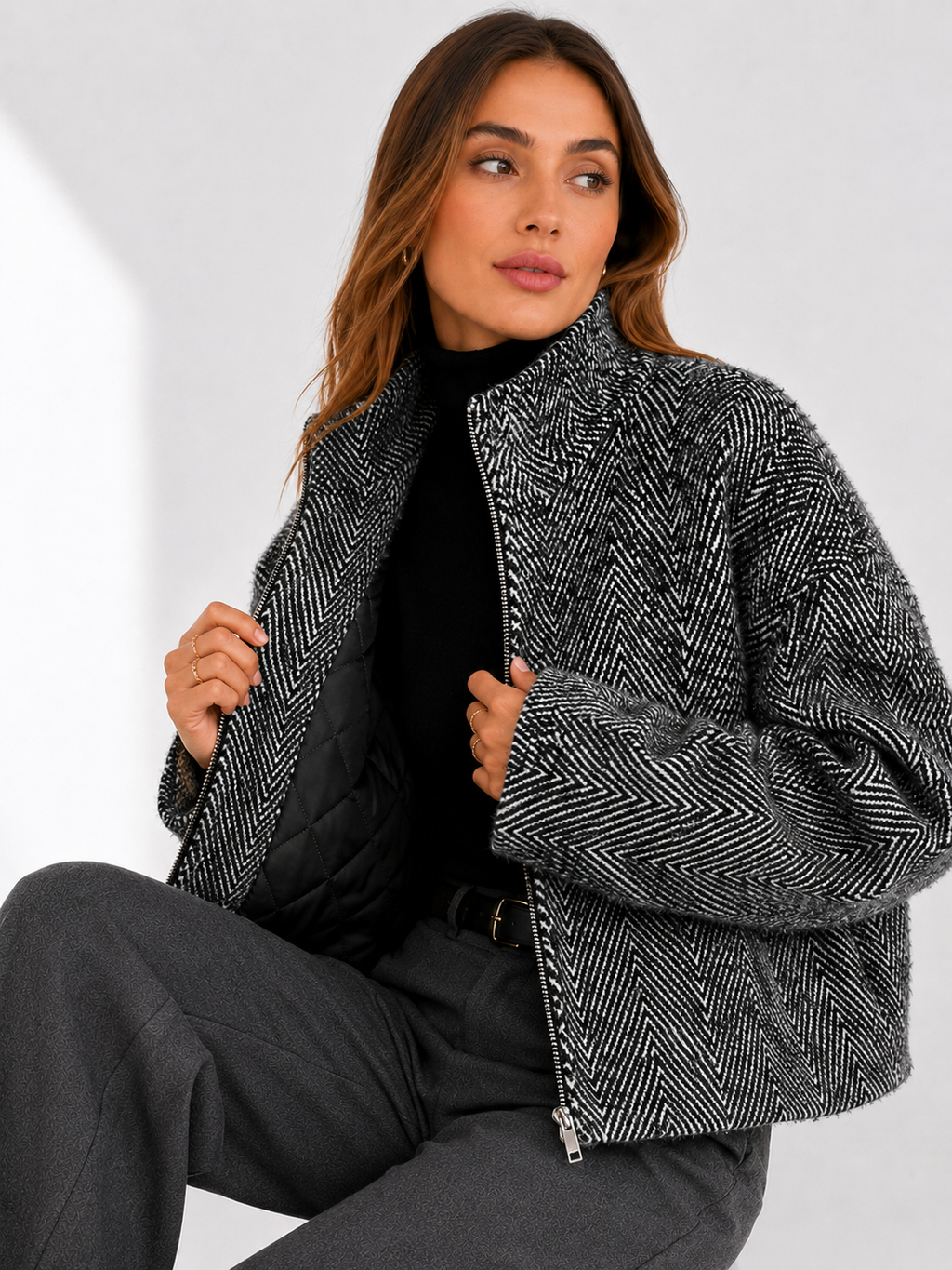Herringbone Textured Bomber Jacket with High Neck