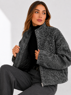 Herringbone Textured Bomber Jacket with High Neck