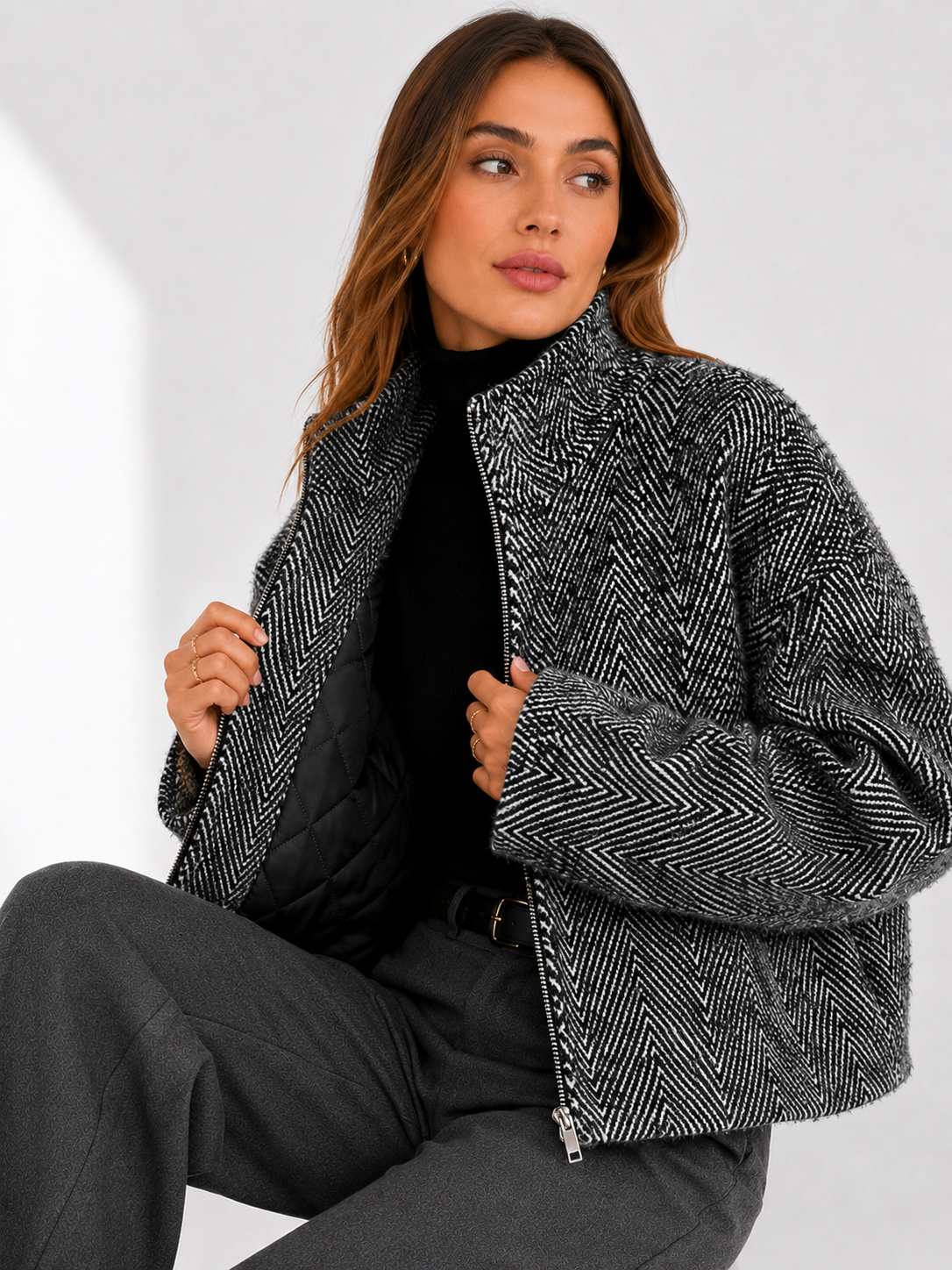 Herringbone Textured Bomber Jacket with High Neck