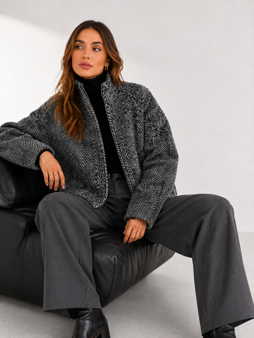 Herringbone Textured Bomber Jacket with High Neck